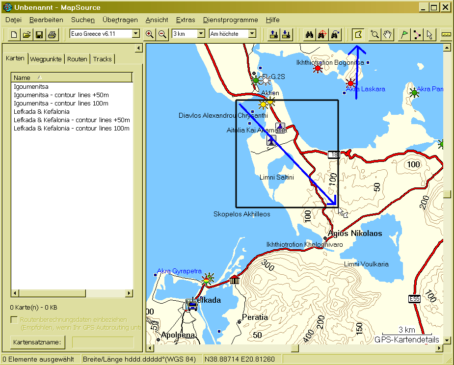 Kartenselektion in Mapsource